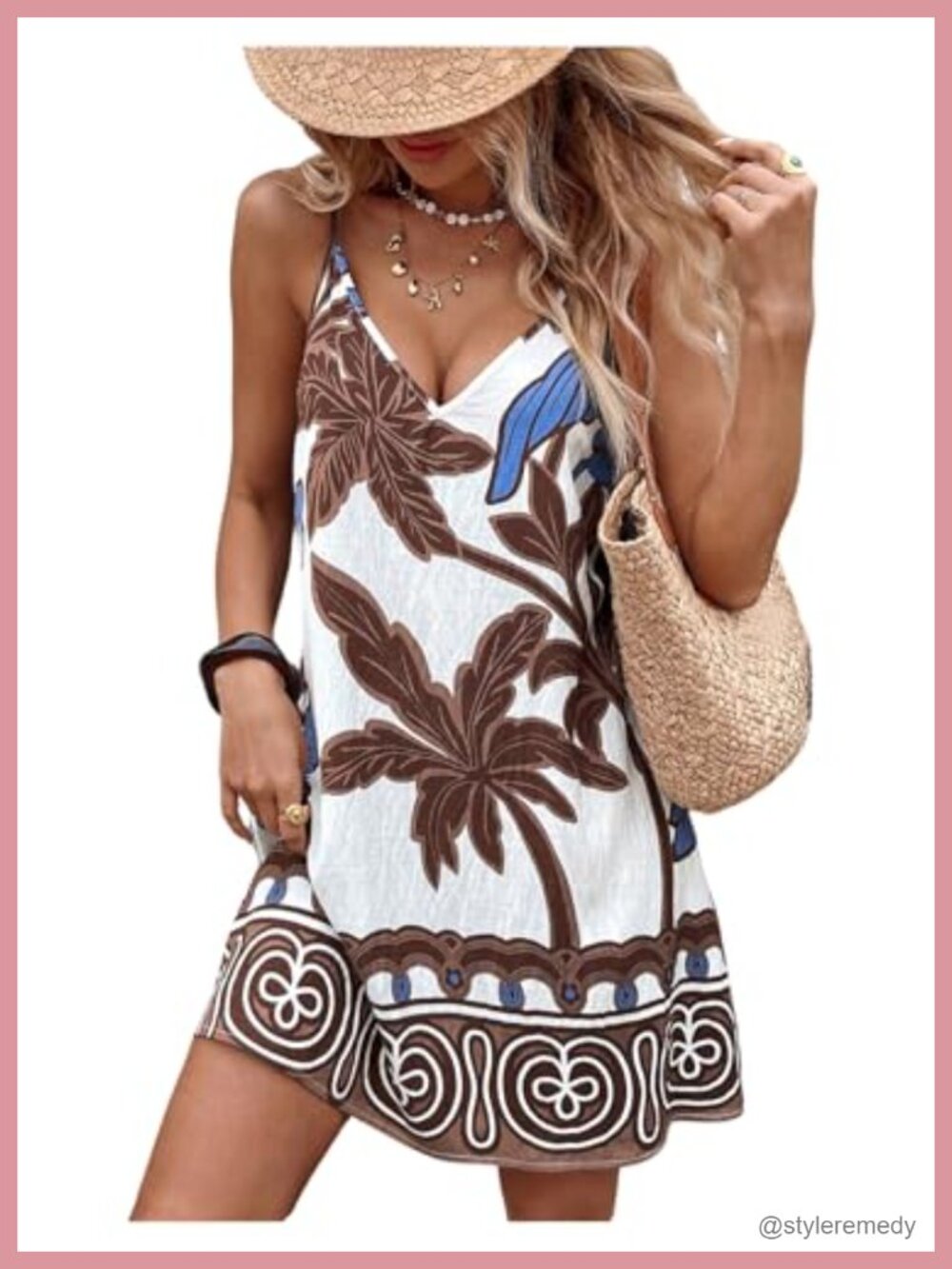 Women's Boho Printed Spaghetti Strap V-Neck Mini Dress Sleeveless Sundress